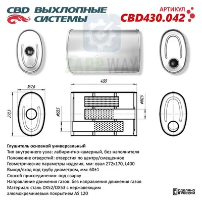 Глушитель универсальный овальный 3-камерный нерж CBD
