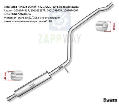 Резонатор Renault Duster I 4x2 1,6/2L (10>) Нержавеющий